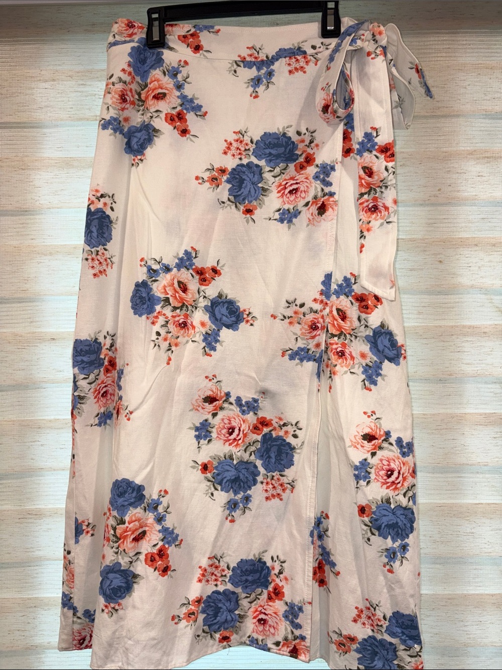 LOFT White A-Line Wrap Skirt with Blue & Pink Floral Print